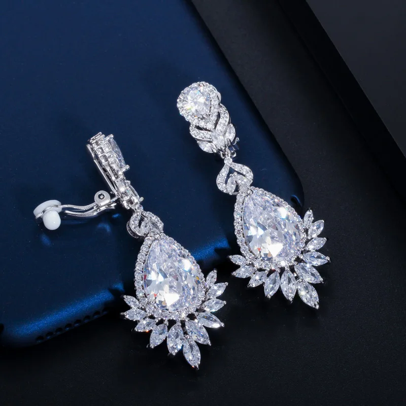 CWWZircons No Hole Piercing Ear Jewelry Cubic Zirconia Crystal Bridal Long Luxury Wedding Clip on Earrings Non Pierced CZ409