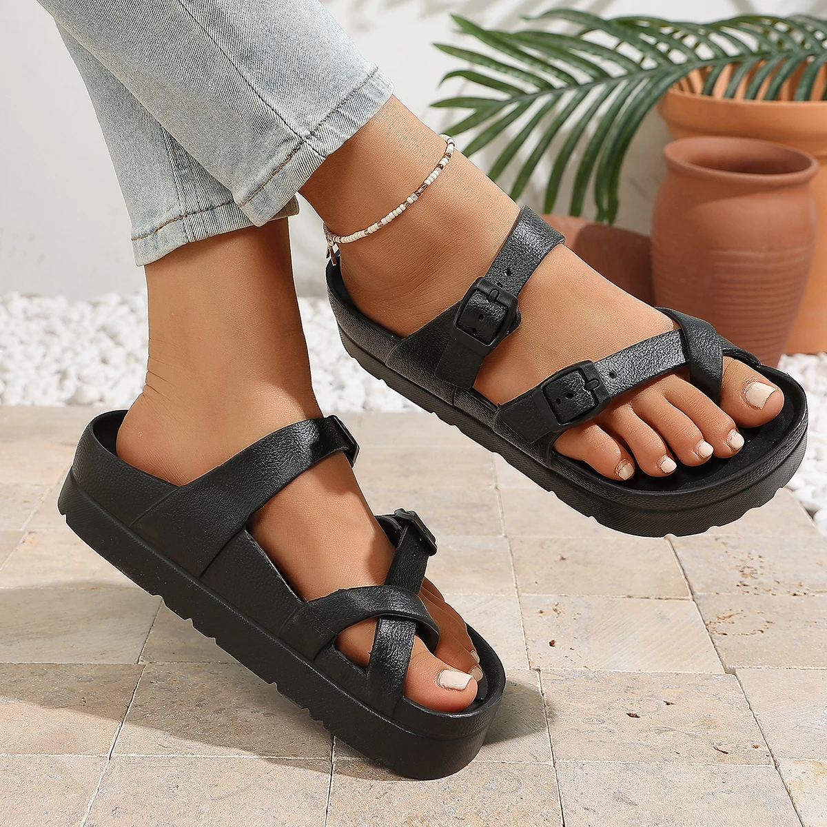 Women's Fashion Casual Sandals, Solid Color EVA Material, Adjustable Buckle Design, Thick Wear-Resistant Soft Sole, Stylish And view 2