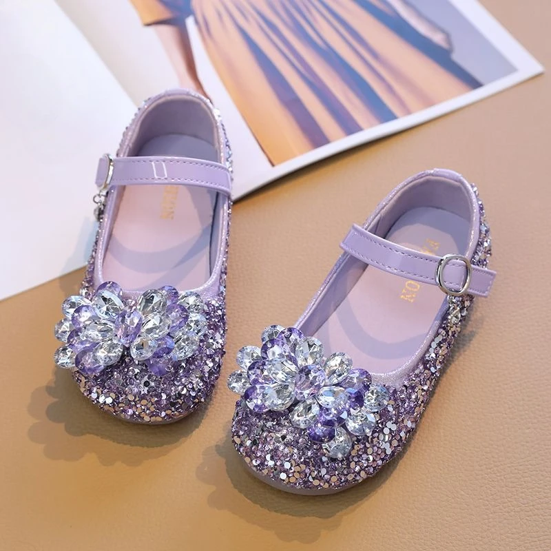 

Новинка 2026, детская обувь принцессы с кристаллами, кожаная обувь для девочек на мягкой подошве, фиолетовая весенне-осенняя детская обувь