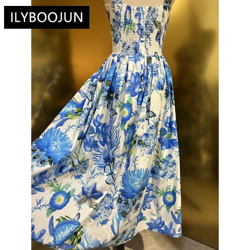 Imagem -06 - Vestido Feminino sem Encosto 100 Algodão Estampa de Flor Azul Vestido de Férias Marca de Luxo Alta para Verão e Primavera 2023