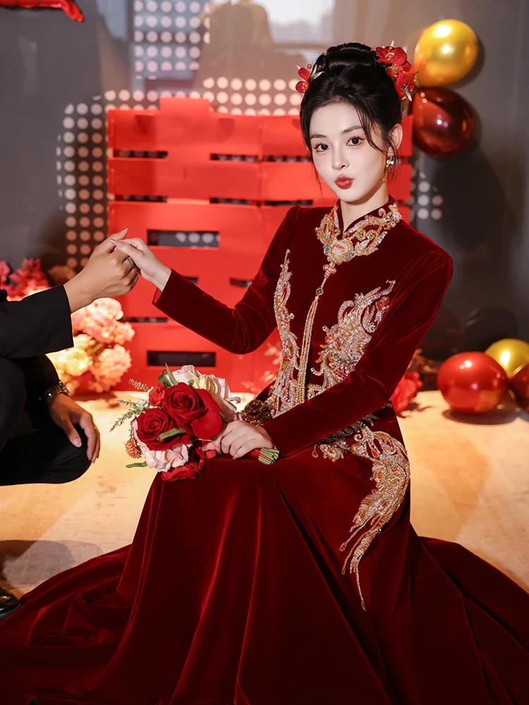 

Ele Chinese Wedding Dr for Bride High Waist Embroidered Long Sve Zipper Sle Vintage Faion Casual Wedding Dr