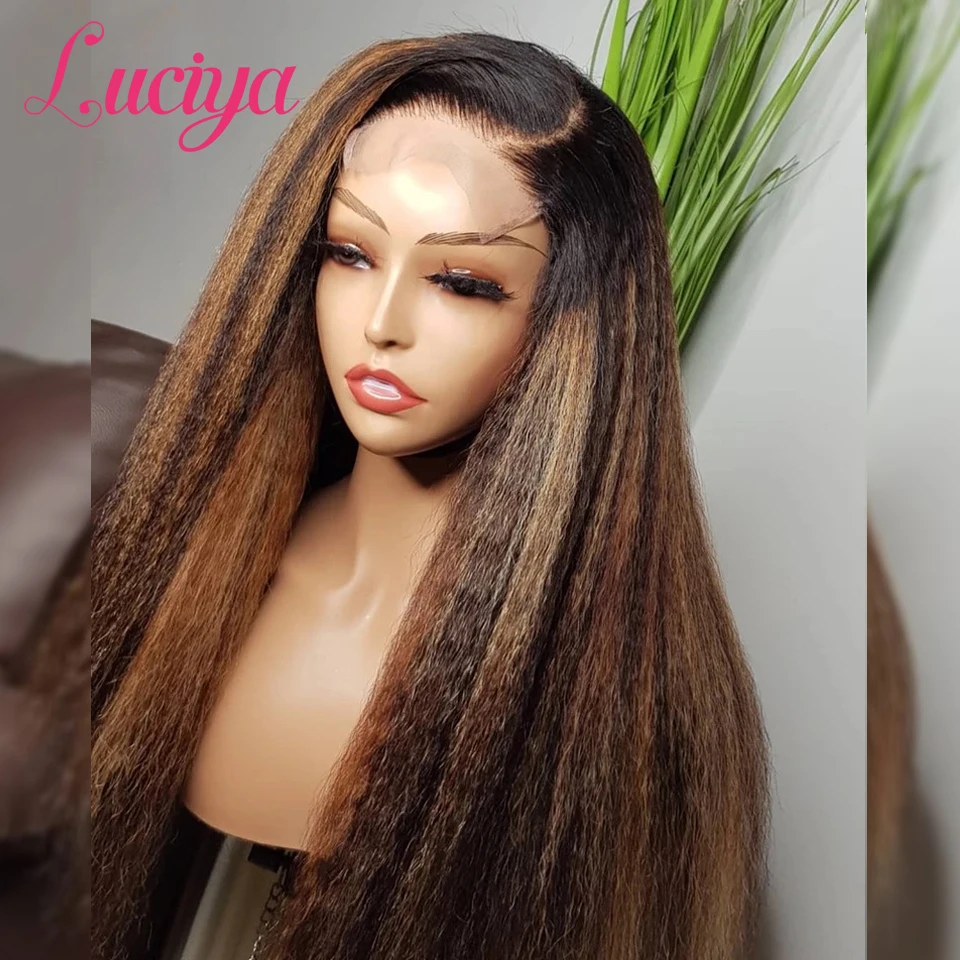 Highlight Kinky Straight Human Hair Wigs Ombre Brown 4/27 Color Wig Lace Front Wigs For Black Women HD Lace Frontal Wig Luciya