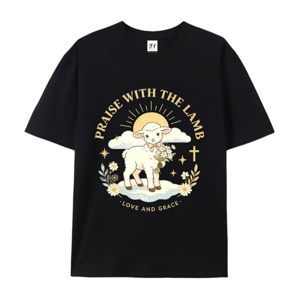Cute Lamb Graphic T Shirt Women Men Vintage Floral Sheep Print Faith Inspired Casual Oversized Short Sleeve Summer Unisex Tee
