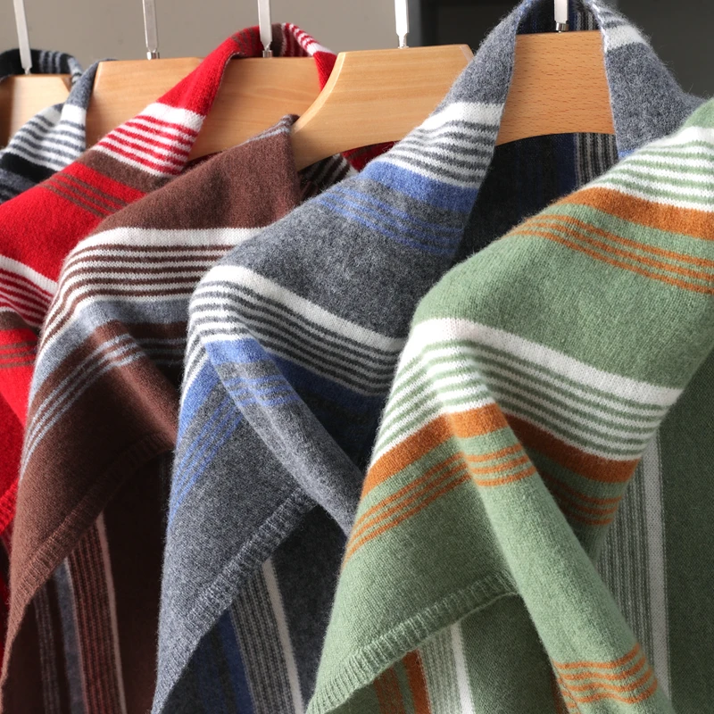 New 100% Merino Wool Shawl Women's Knitted Color Contrasting Striped Shawl Fashion Korean Versatile Warm Scarf Stacked Exterior.