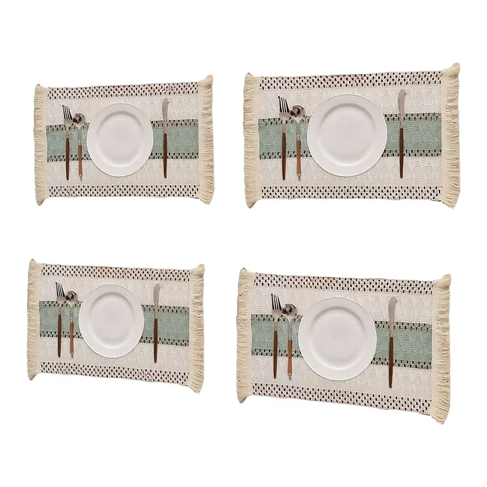 Polyester Placemats 4 Pack with Hollow Woven Texture and Fringe Trim for Heat Insulation Scratch Protection 30 x 45 CM