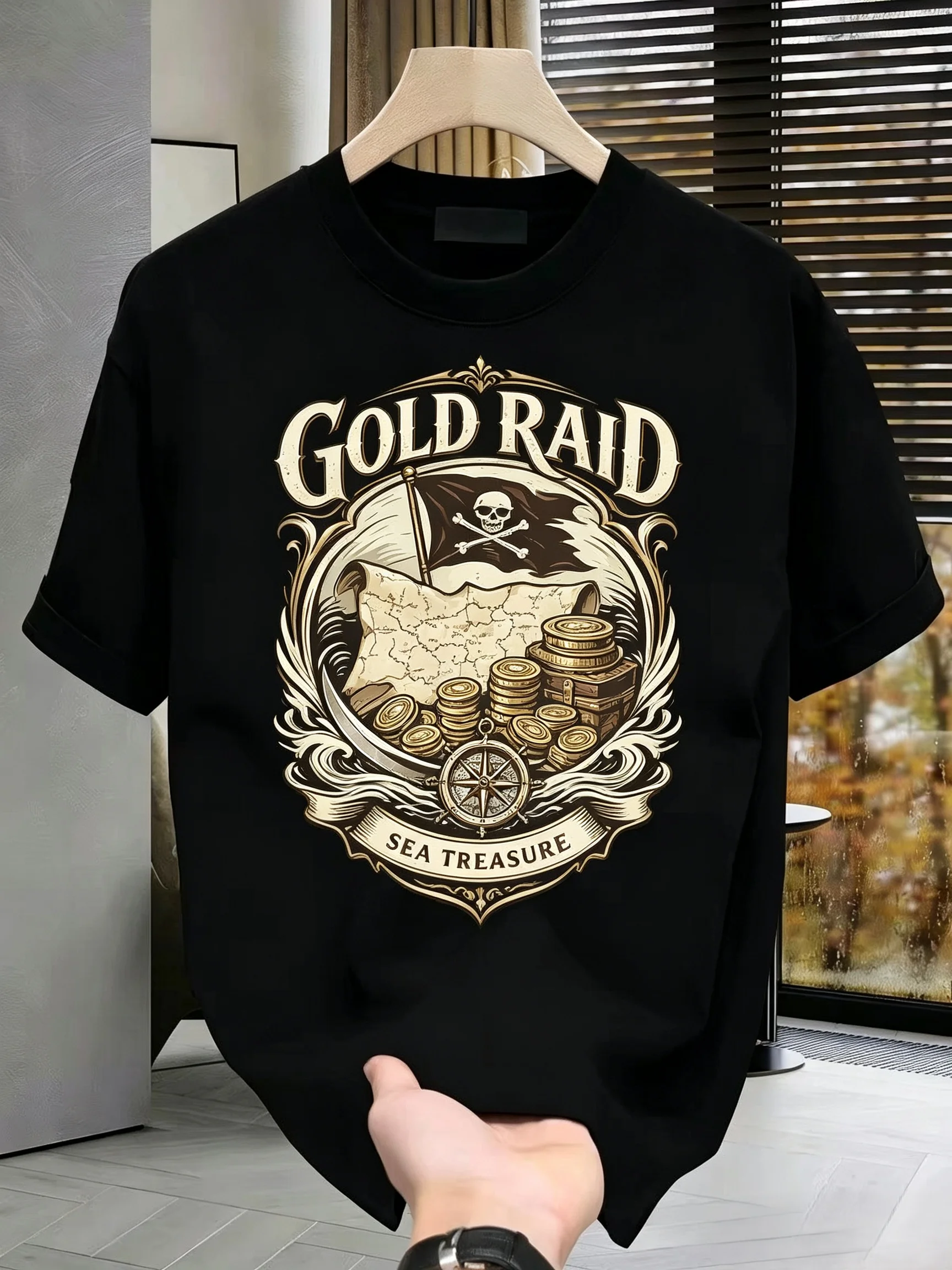 Unisex GOLD RAID Pirate Treasure Map Compass Skull Flag Gold Coins Graphic T Shirt Men Women Retro Nautical Streetwear Short Sleeve Black Casual Tee