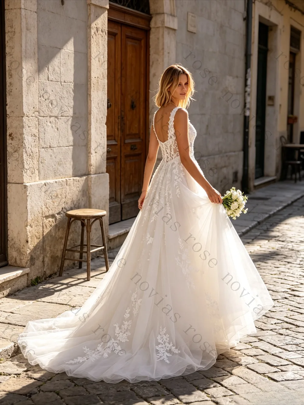 Customized Square Neck Lace Wedding Dress A Line Tulle Ball Gown with Floral Appliques Long Train 2026 Romantic Bridal Gowns