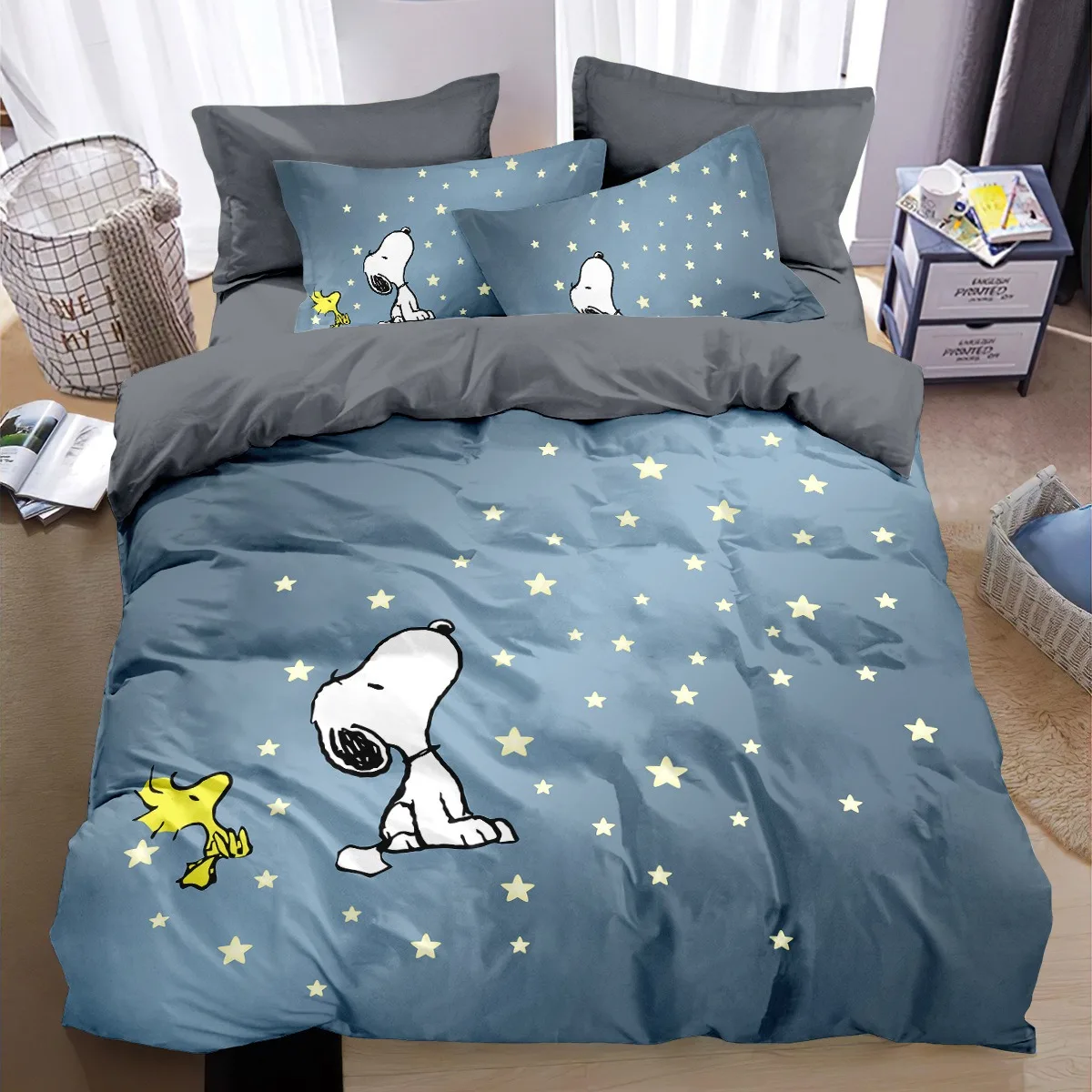 

Classic Beagle Cartoon Bedding Set, Black & White Comic Dog Duvet Cover & Pillowcases, Vintage Home Decor cute Gift