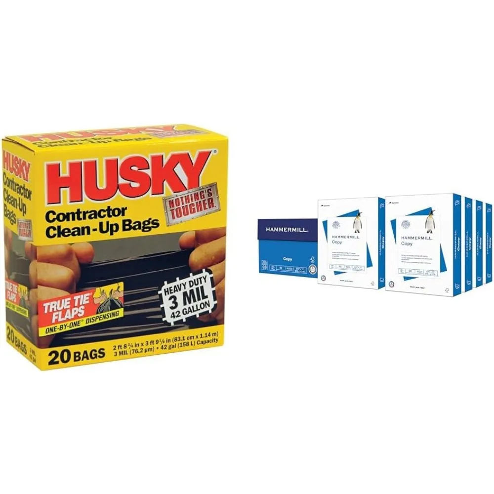 Sacchetti per la pulizia degli appaltatori Husky da 42 galloni e carta da copia Hammermill da 20 libbre 8,5 x 11