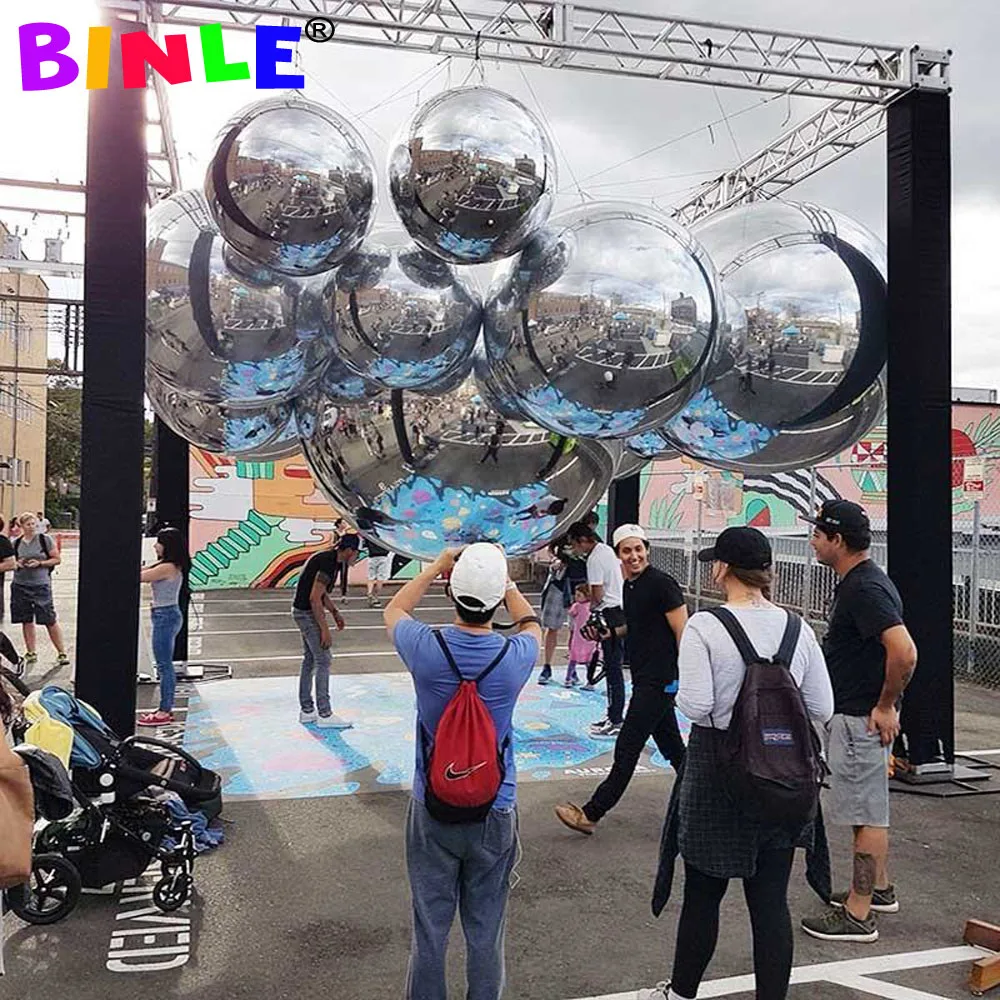 Giant Double Layer PVC Hanging Inflatable Disco Mirror Ball Silvery Mirror Reflective Sphere Balloon For Event Decoration