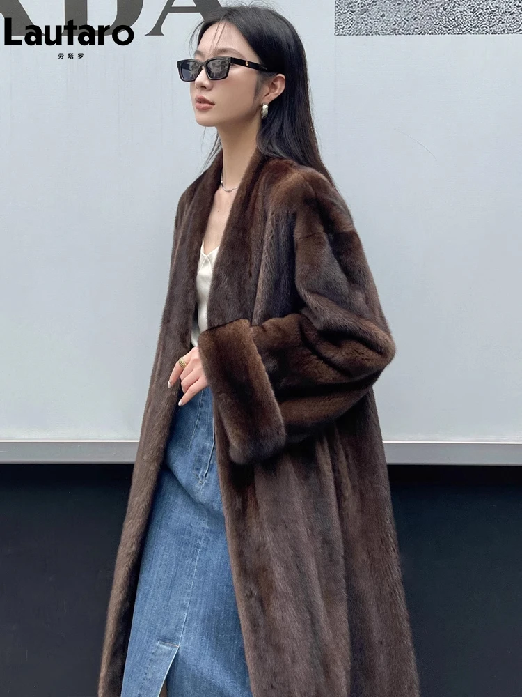 Lautaro Winter Long Vintage Elegant Luxury Chic Thick Warm Soft Brown Fluffy Faux Mink Fur Coat Women V Neck Furry Overcoat 2023