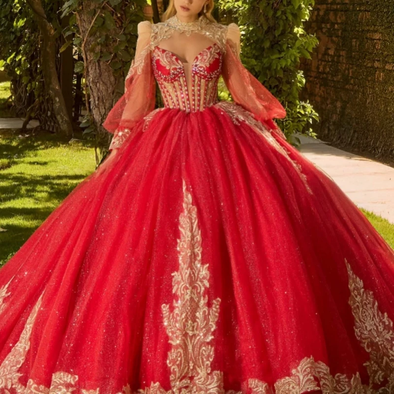 

Red Shiny Ball Gown Quinceanera Dresses Off The Shoulder Applique Lace Beads Party Birthday Sweet 16 Dress Vestidos 15 De Anos