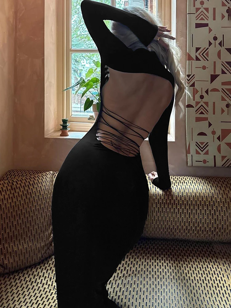 Kliou Bandage Backless Design Long Dress Woman Turtleneck Full Sleeve Skinny High Stretch Midnight Prom Party Elegant Vestidos