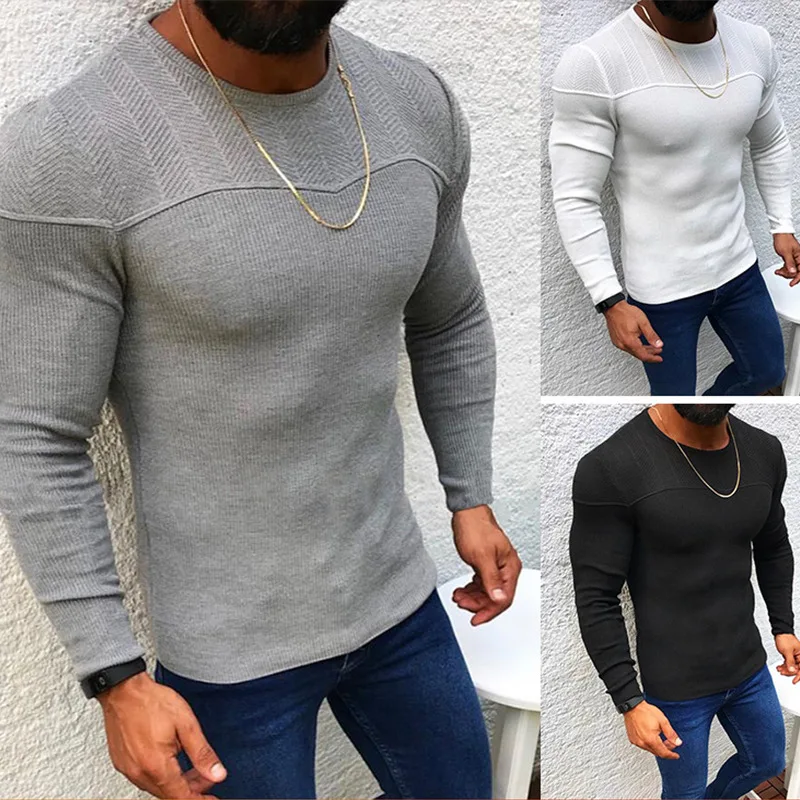 

Men's Sweater Spring And Autumn New Solid Color Slim Round Neck Long Sleeve Knitted Casual Large Size Sweater