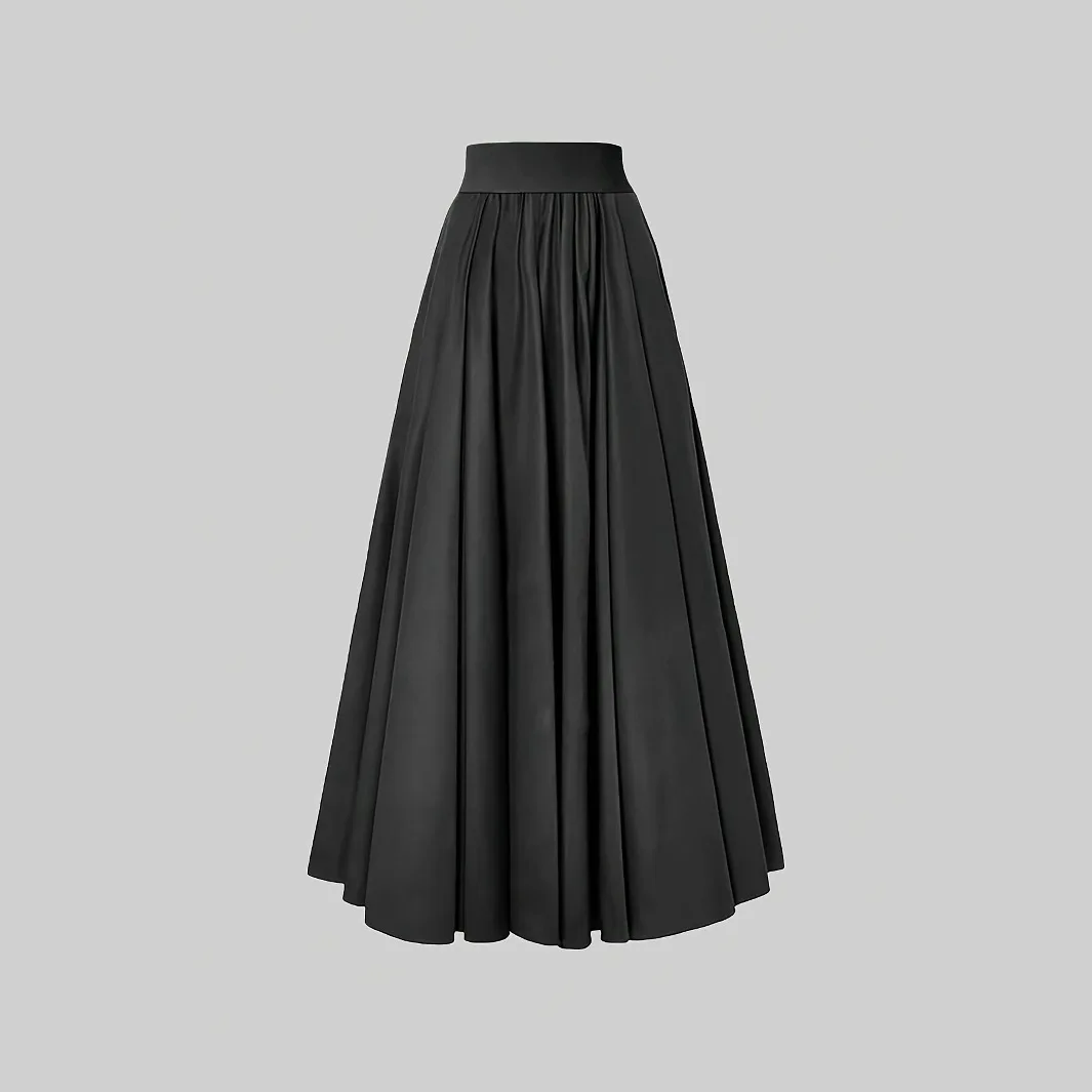Elegant Solid Color Pleated A-Line Long Skirt, Vintage Style, Flowy Swing Hem, Ideal for Party & Daily Wear