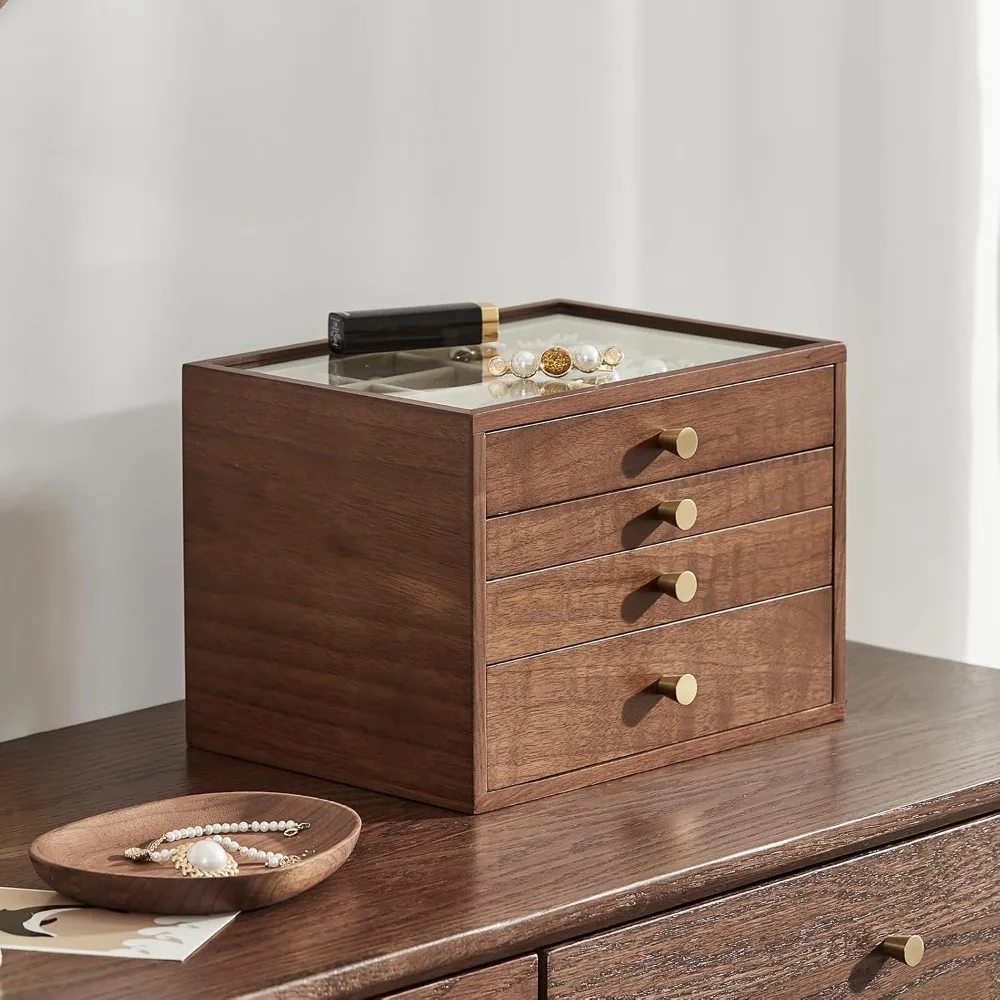 Black Walnut Wooden Jewelry Box for Women large 4 Layer Drawer Organizer Box with Glass Lid for Necklaces, Watch, Necklace