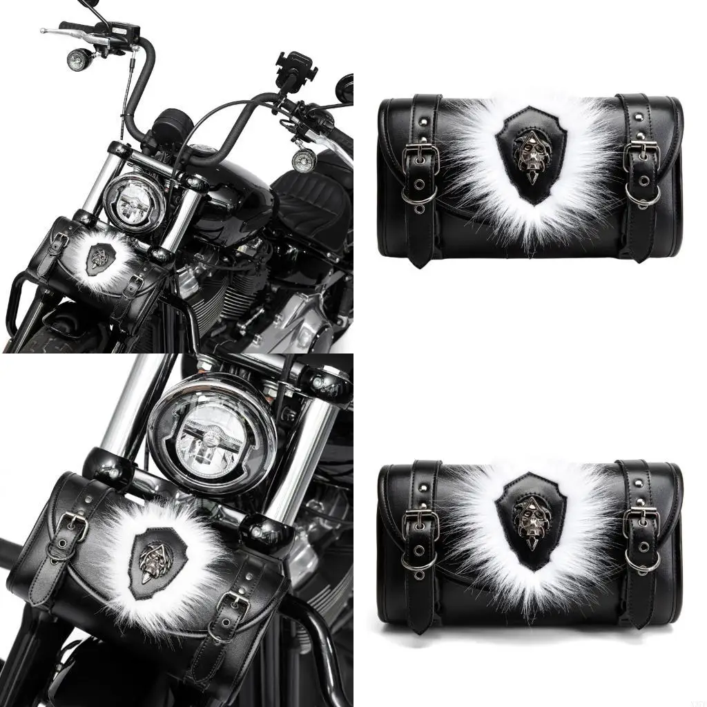 Black PU Leather Motorcycle Handlebar Bag Gothic Quick Detach Function For Travel And Daily Use X37F