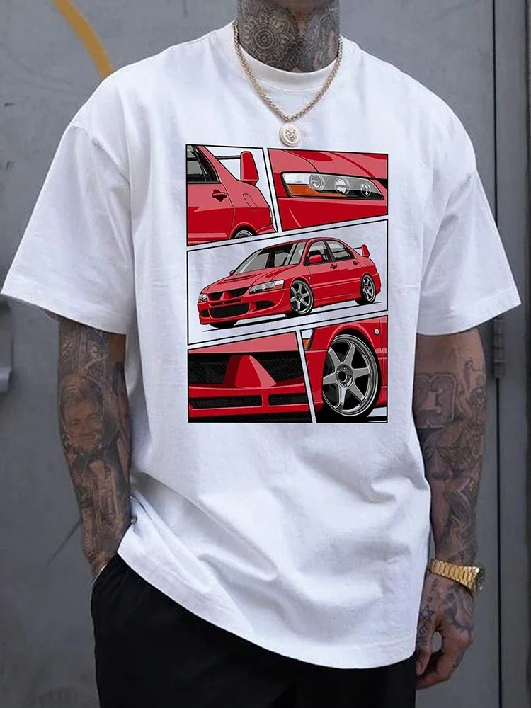

Cotton car print T-shirt Men 2025 summer new street style T-shirt o collar outdoor fashion casual short-sleeved tops Tee