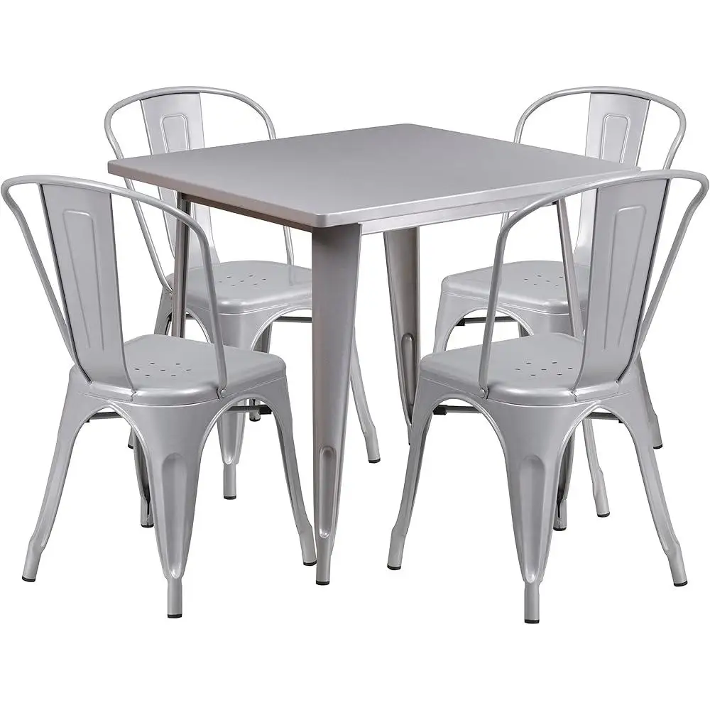 Commercial 31.5" Square Silver Metal Indoor-Outdoor Table Set-4 Stack Chairs