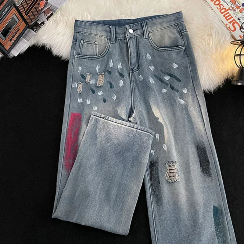 

Foufurieux Street Graffiti Jeans Мужские уличные свободные широкие брюки American High Street Перфорированные мужские джинсовые рваные джинсы