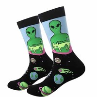 1 Pair Alien UFO Pattern Trendy Socks Asymmetric Style Socks for Men Women Funny Cartoon Cat Unisex Breathable Cotton Socks