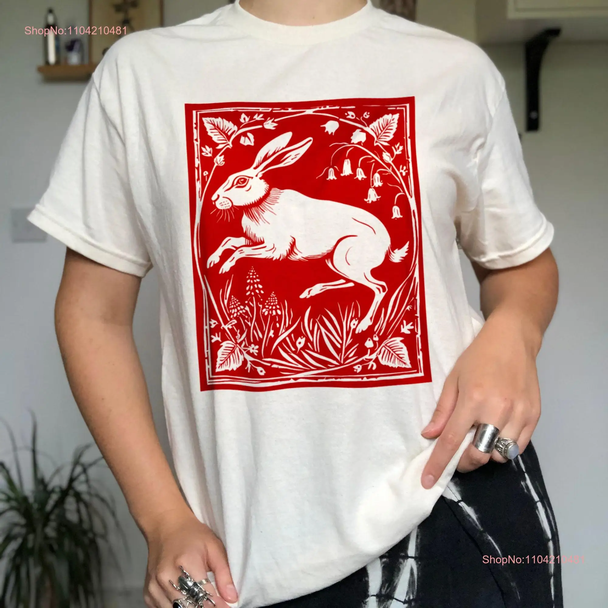 Linocut T shirt 100 Cotton Gender Neutral Spring Hare long or short sleeves