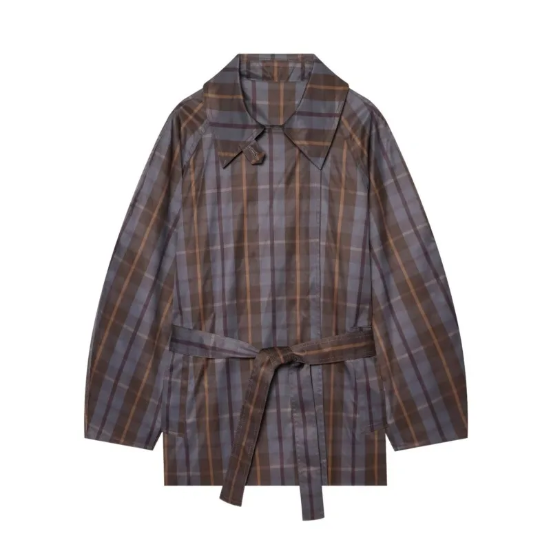 HipSeam Women's Grid belt windbreaker Flip collar New Autumn Fashion Plaid Long-sleeved Casual High Street Style Chic Coat
