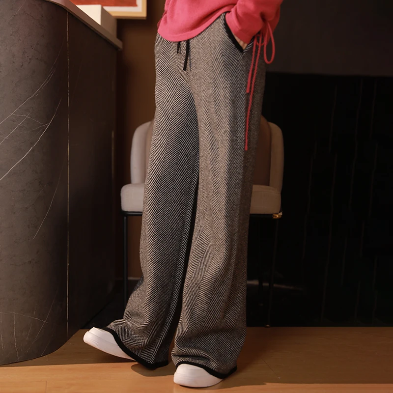 

Striped Fall/Winter new women's 100% Merino wool casual soft warm cashmere knit pants with wide leg pants