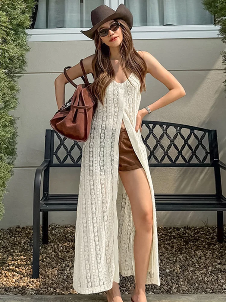 

Trendix Vacation Beach Knit Cover Up Dress Women V Neck Fashion Slit Knitted Cardigan Summer Casual Elegant Maxi Suspender Dress