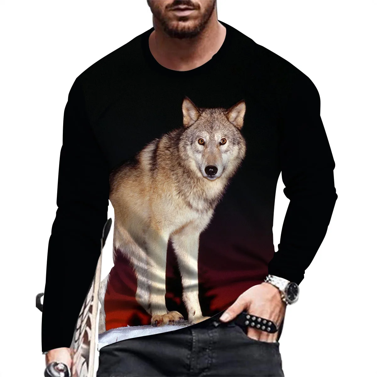 New Coyote Animal Print Summer Men\'s Round Neck T-shirt Casual Long Sleeve Oversized T-Shirt Fashion Pullover Trend Men Clothing