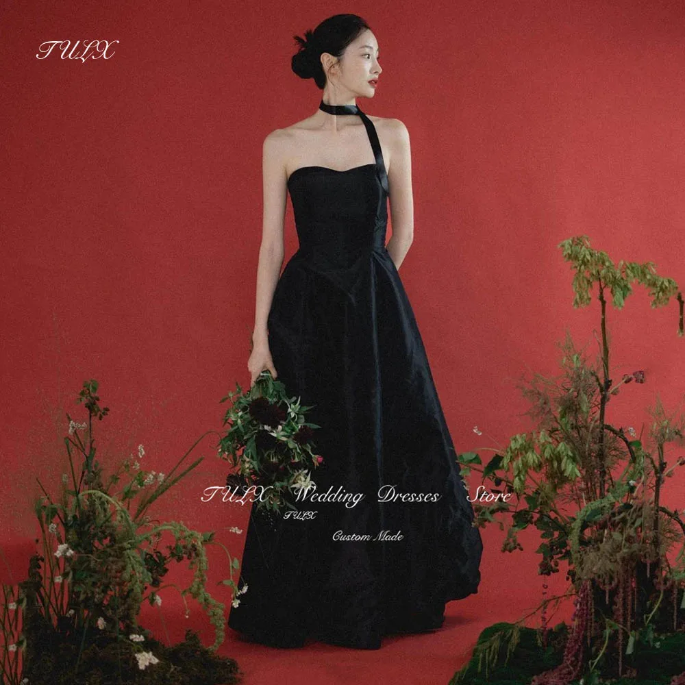 TULX Simple Black Strapless Wedding Dress Korea Photoshoot A Line Sleeveless Bridal Gown Taffeta Taking ID photos Dresses