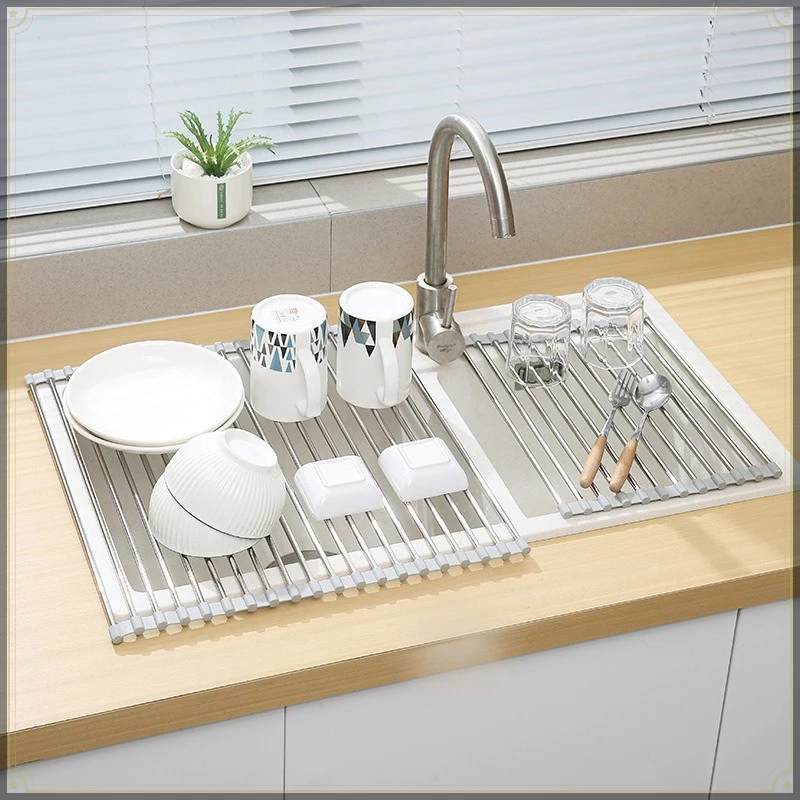 Roll Up Sink Drain Rack Stainless Steel Foldable Easy To Clean Rust Proof Strong Load Bearing Multifunctional Dish Drying Rack