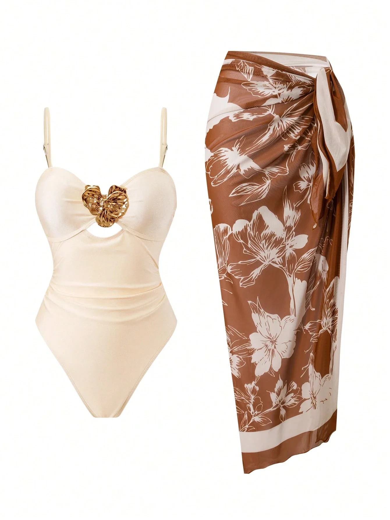 

Цельный купальник с цветочным принтом, вырезами, драпировкой для коррекции живота и длинной юбкой на завязках