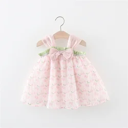 Girl Baby Sleeveless Dress Printed Mesh Shoulder Strap Bow Lovely Party Princess Summer Dress Baby Sweet Summer Children'S Wear