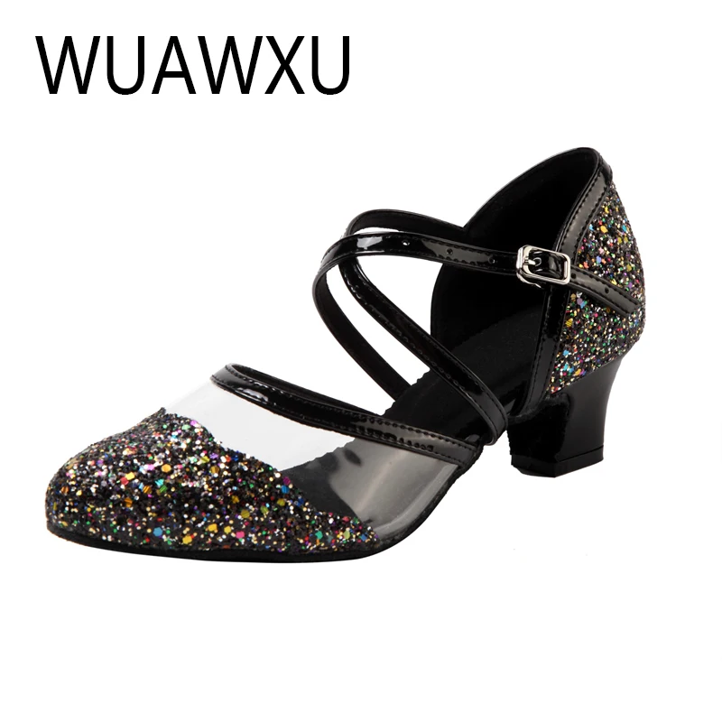 WUAWXU zapatos de baile latino para mujer, zapatos de baile estándar nacional, zapatos de baile cuadrados para fiesta, tela flash en blanco y negro,