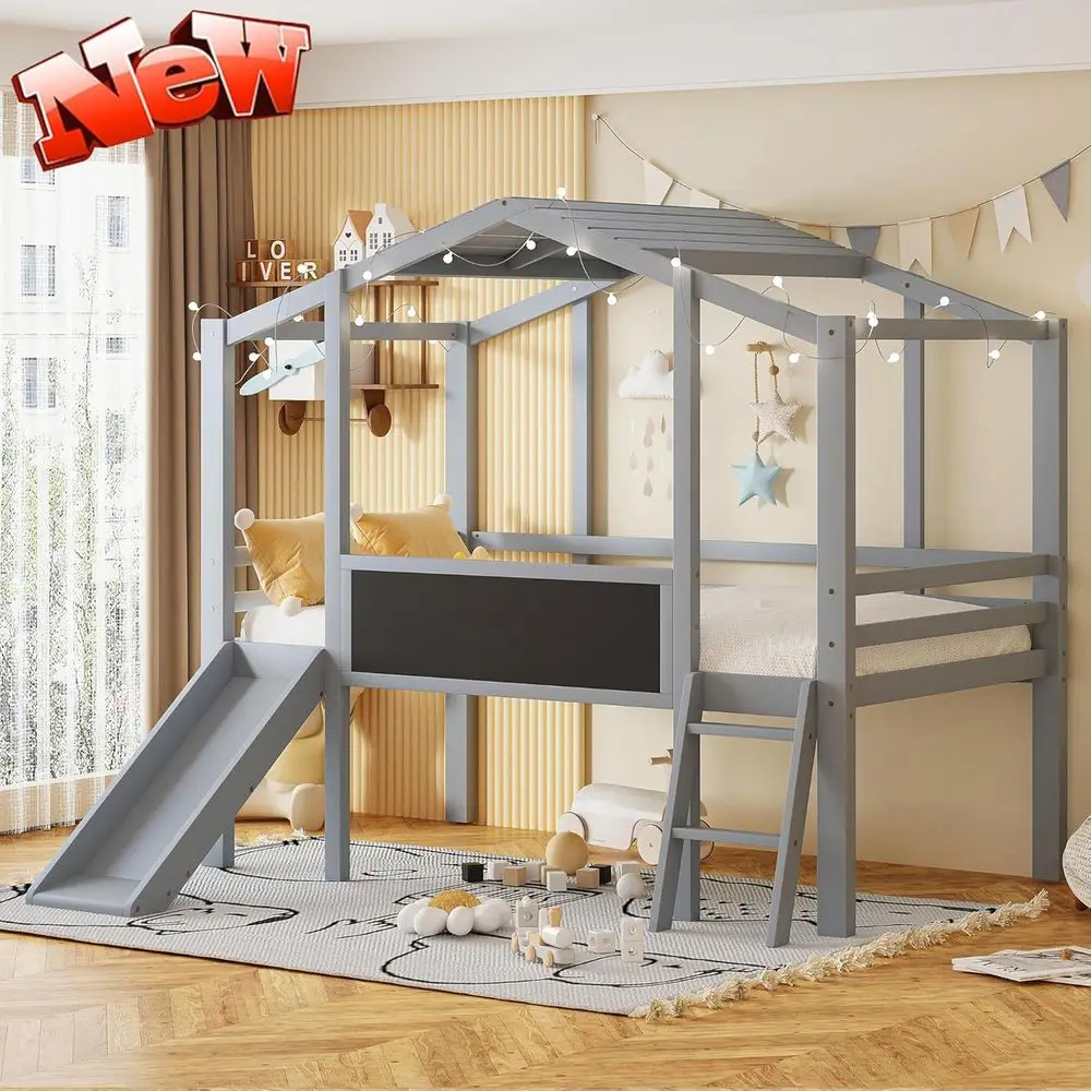 

Двухъярусная деревянная кровать Twin Size с горкой, световой полосой, доской для рисования и защитными перилами для детей