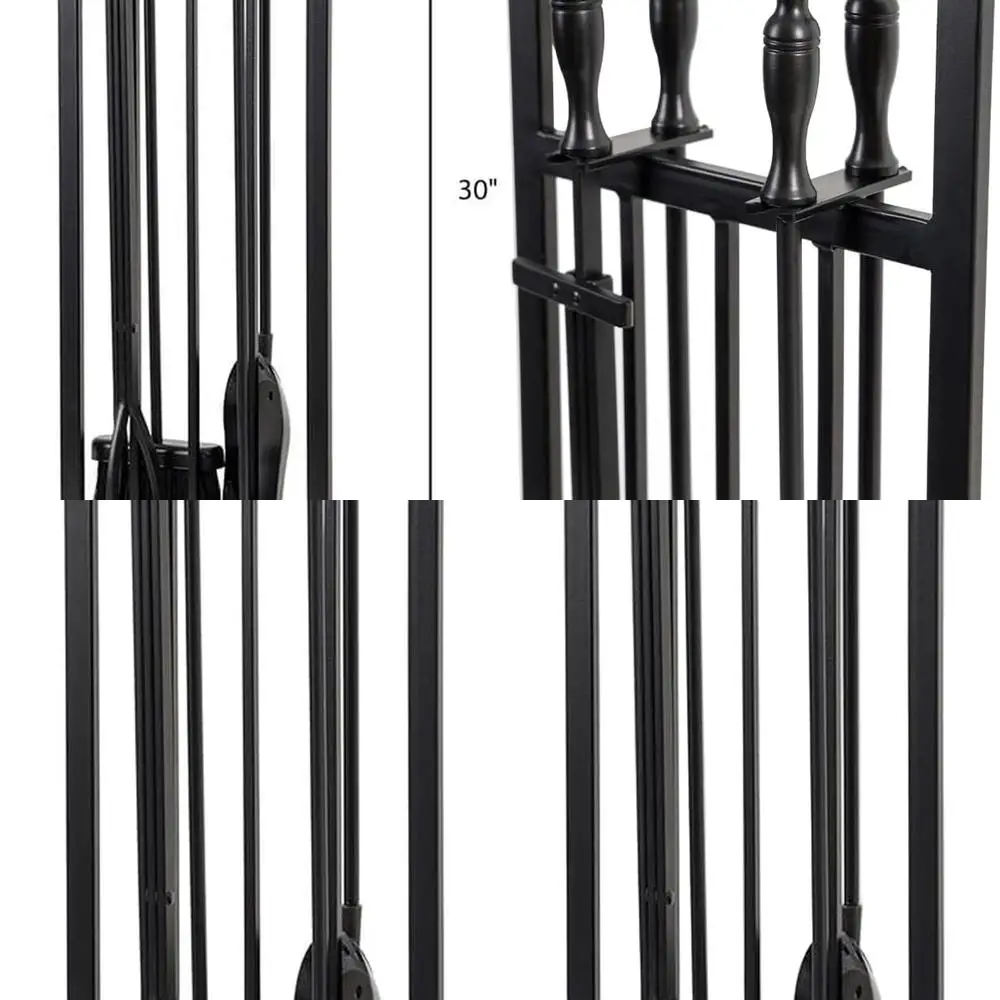 

Black Heavy-Duty Steel Fireplace Tool Set with 4 Pieces: Brush, Shovel, Poker, Stand | Country Living Pinecrest Style | 10x7.5x3