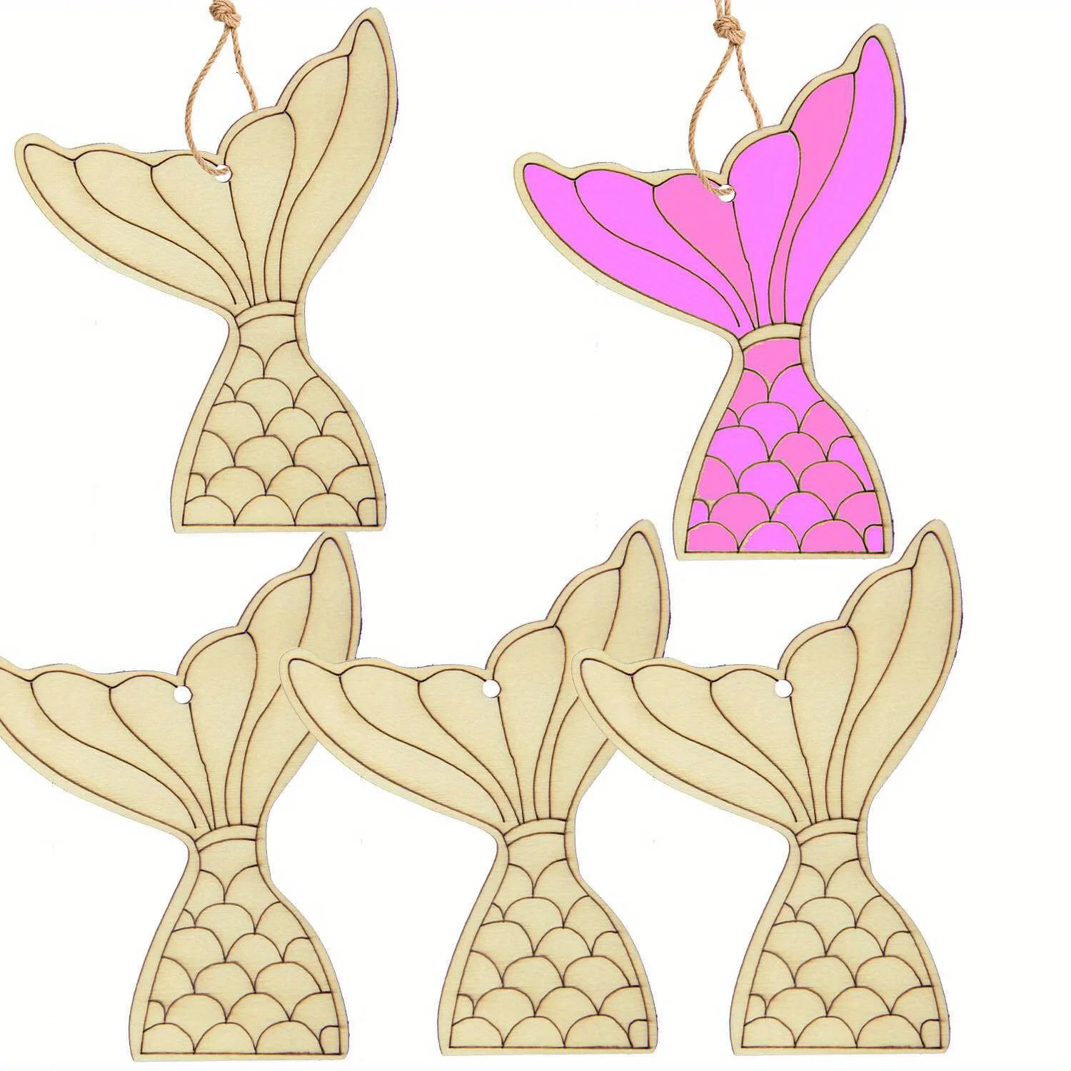 10pcs Wooden Mermaid Tail Ornaments Cartoon Laser Cut Unpainted Tail Crafts for Summer Mermaid Birthday Party Decorations