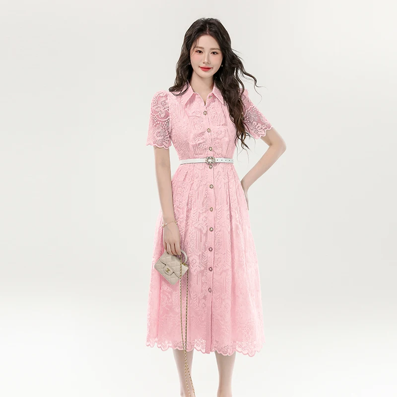 

Elegant Vintage Embroidery Lace Office Shirt Dress Women Summer Short Sleeve Single Breasted Long Dress Evening Party Dresses