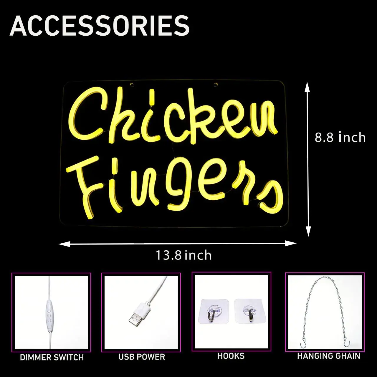 Chicken Fingers Neon Sign USB Dimmable LED Lights for Restaurant Kitchen Fast Food Shop Bar Home Party Food Themed Wall Decor