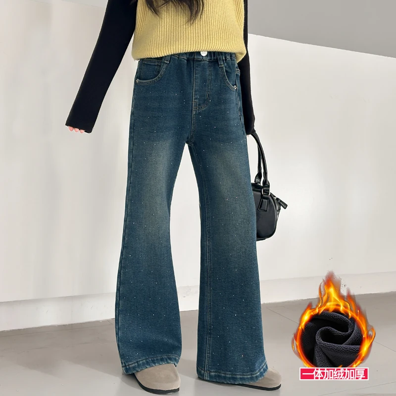2025 Girls High Waist Streetwear Flare Jeans Teen Kids Elastic Grunge Bell Bottom Pants Kids Girls Shinning Blue Denim Trousers