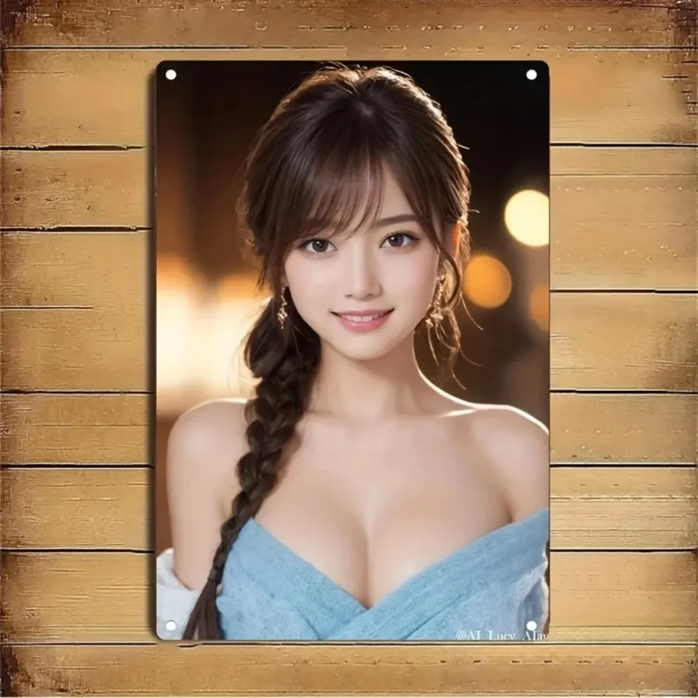 Vintage East Asian Beauty with Long Braided Dark Hair, Gold Drop Earrings & Light Blue Off-Shoulder Top Posing in Warm Bokeh