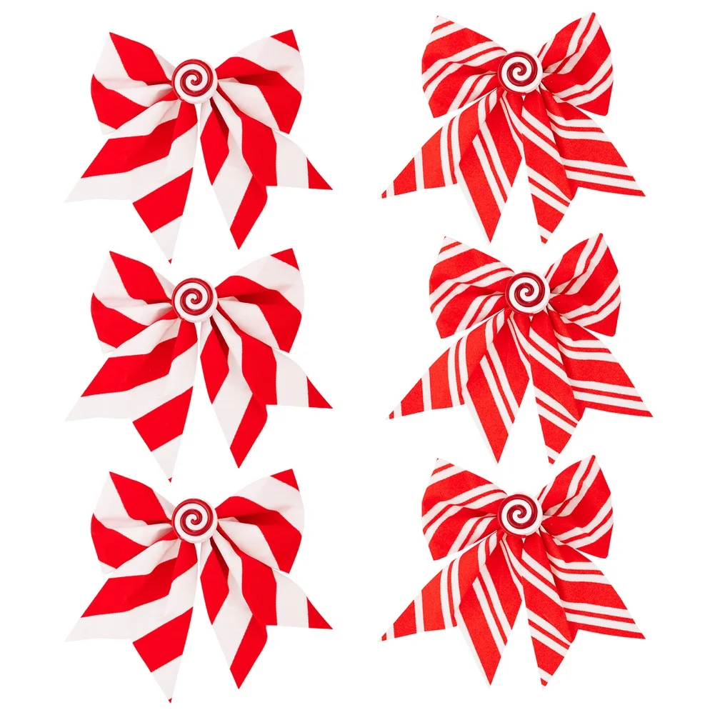 Fabric Candy Bow Ornament for Christmas Tree and For Window Decoration Featuring Striped Pattern and Hanging Loop