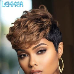 Lekker-pelucas de cabello humano brasileño sin pegamento para mujer, pelo Remy corto de color marrón dorado, corte Pixie, barato