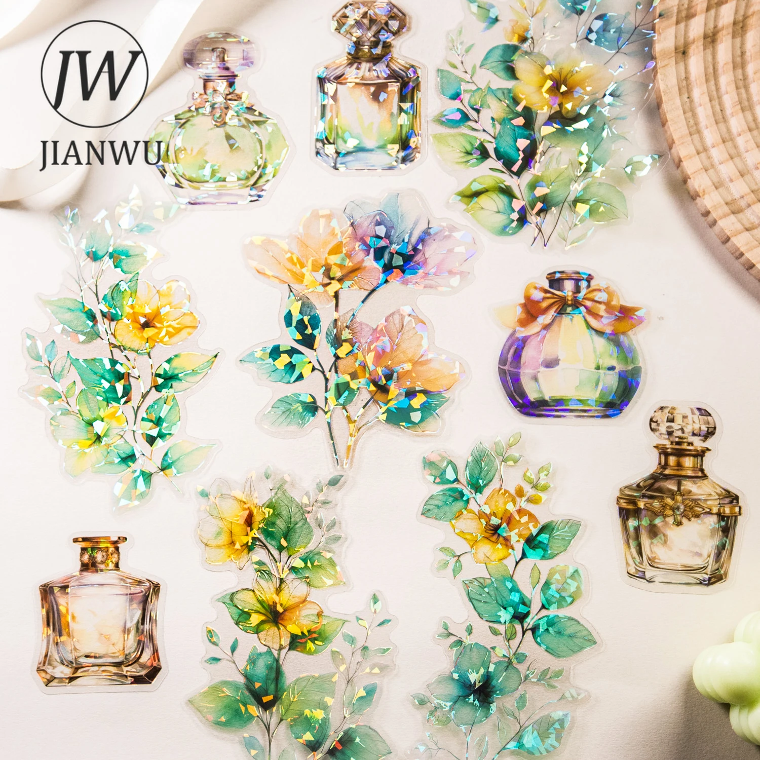 JIANWU 10 Sheets Fragrance Bottle Flowering Period Series Vintage Material Collage PET Sticker Creative DIY Journal Stationery