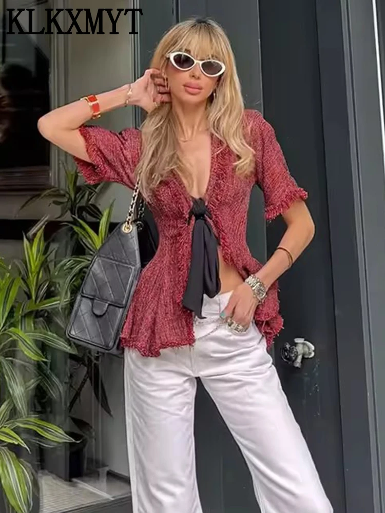 KLKXMYT Elegant Lace Up Women's Shirt Sexy Deep V-neck Short Sleeve Female Shirts Tops 2026 Summer Chic Tassel Ruffle Blouse Top