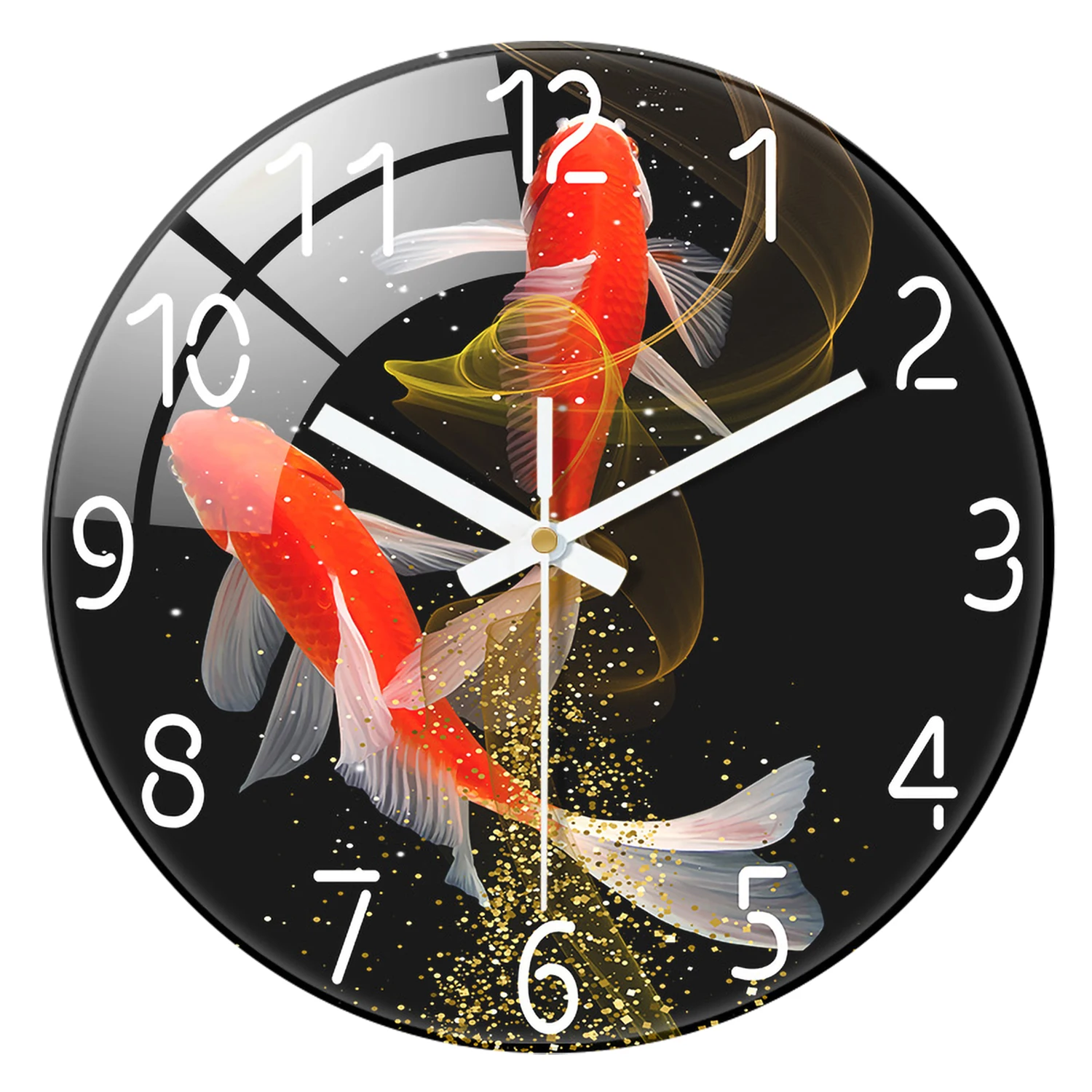 1pc 12-inch tempered glass wall clock, red koi swimming pattern design wall clock, silent clock, suitable for home decoration