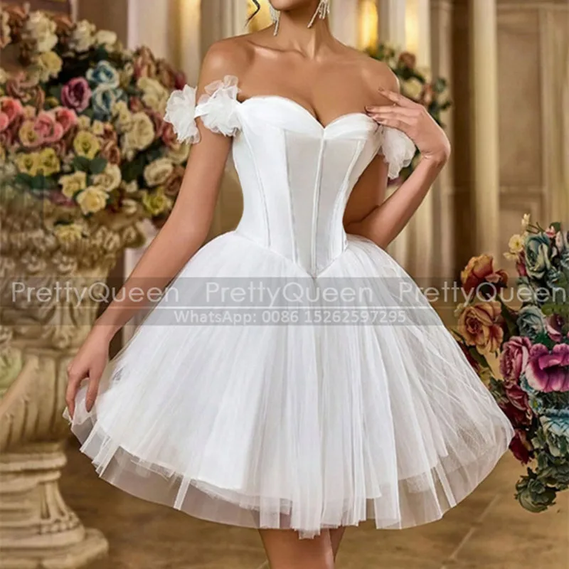 

White Short Bridesmaid Dresses Puffy A Line Flowers Off Shoulder Customized Tulle Mini Wedding Party Dress Maid Of Honor