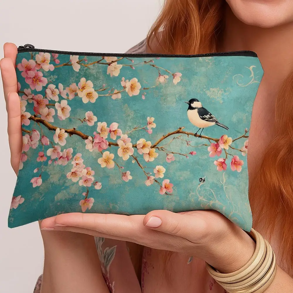 Floral Design Makeup Bag Vintage Botanical Print Bird Cherry Blossom Portable Toiletry Bag Pouch Chicpractical Storage Women