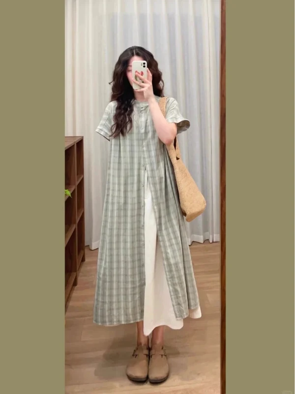 

Summer 2025 Gentle Vintage irt Dr Midi Loose Stand Collar Small Cheered Dr Casual Commute Sle High Waist A-Line S...